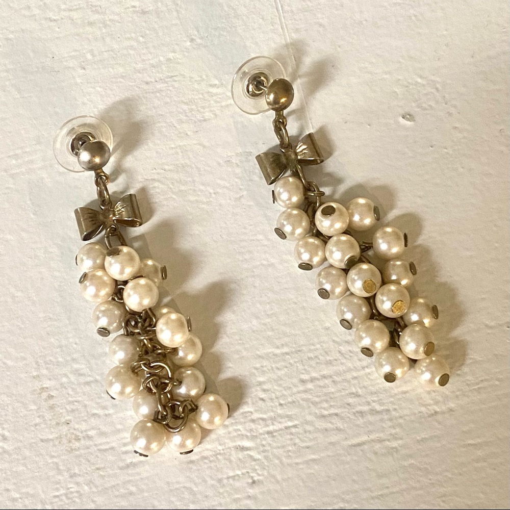 Vintage Faux Pearl and Chain Cluster Drop Earrings with Brass Bows